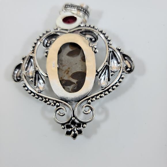 Handmade Silver Pendant with Fossil Coral and Red Garnet Accent - Picture 4 of 10